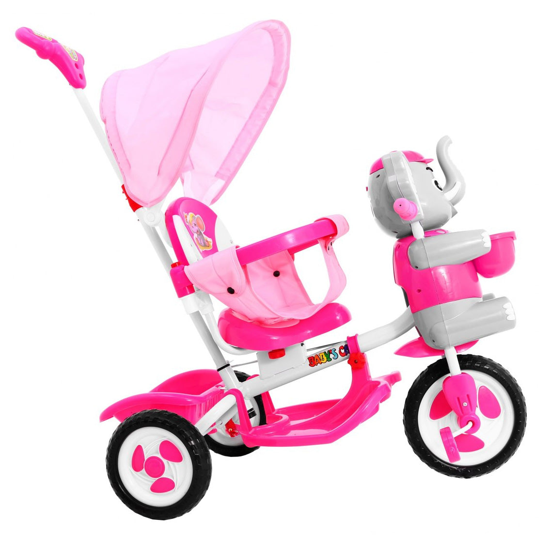 3-wheeled children's bike Elephant Pink + Sounds + Roof + Barrier + Footrest + Handle + Storage