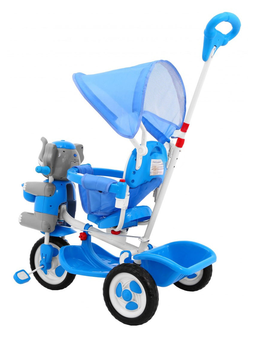 3-wheeled Blue Elephant Children's Bike + Sounds + Roof + Barrier + Footrest + Handle + Storage