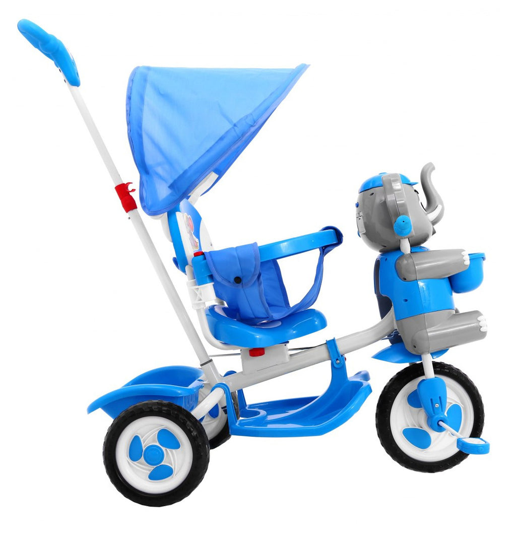 3-wheeled Blue Elephant Children's Bike + Sounds + Roof + Barrier + Footrest + Handle + Storage
