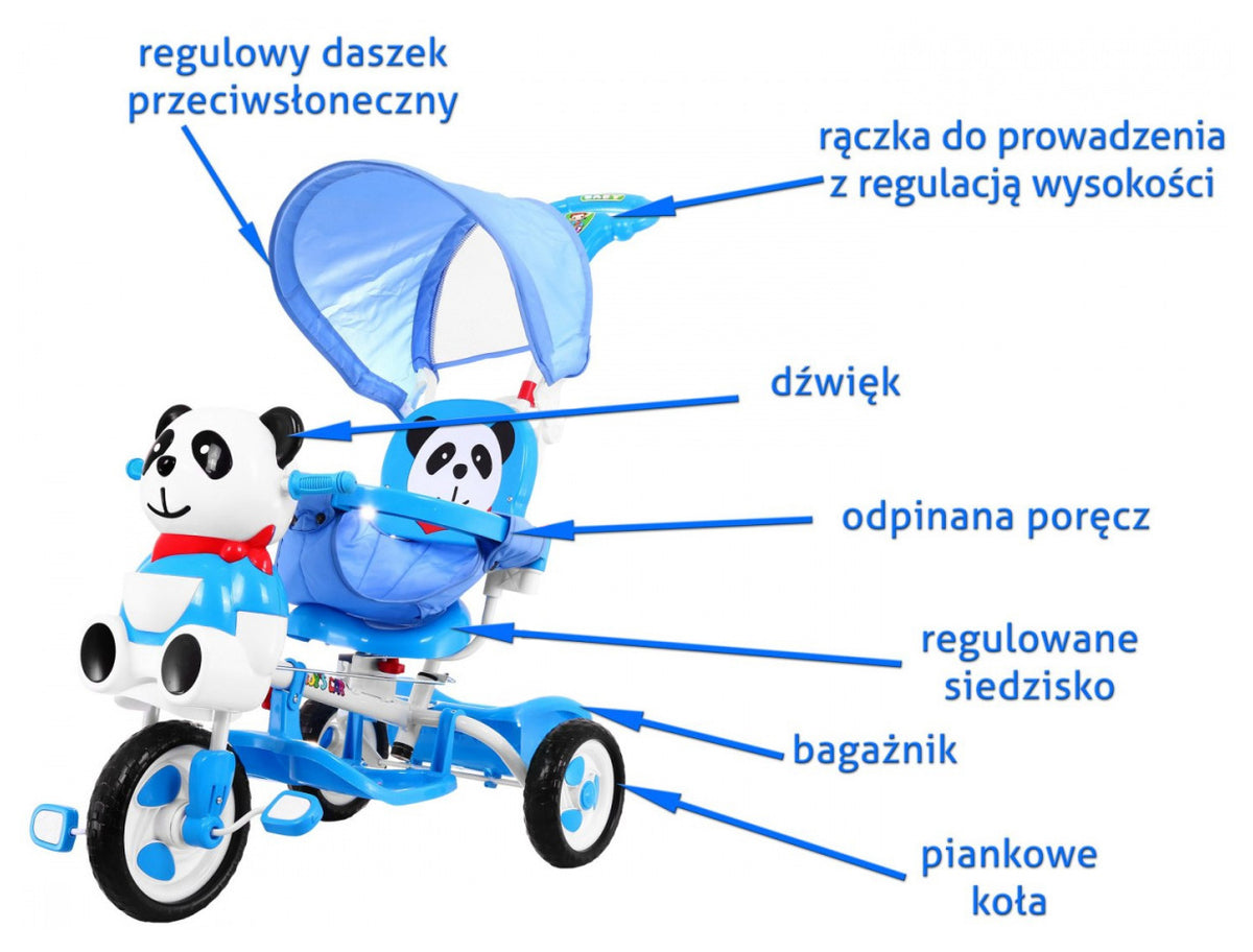 3-wheeled Panda Blue Children's Bike + Sounds + Roof + Barrier + Footrest + Handle + Storage