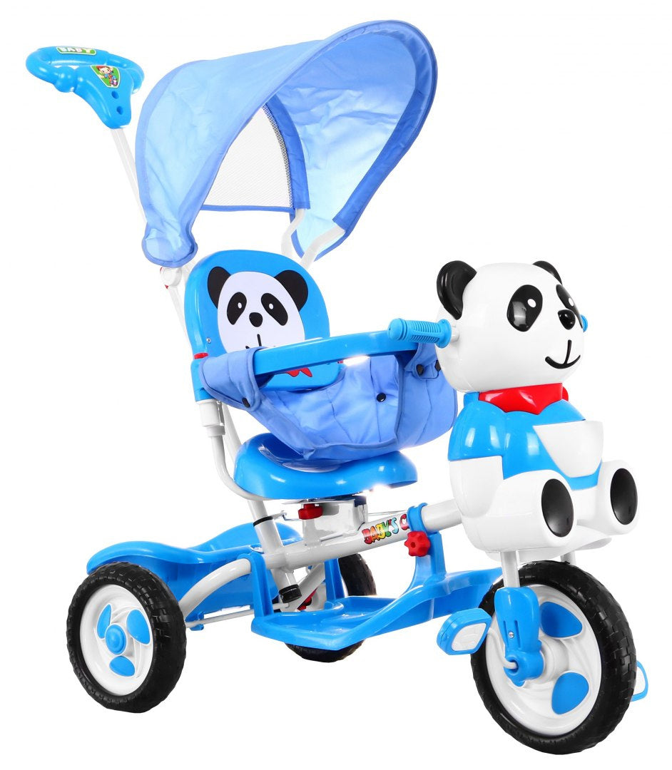3-wheeled Panda Blue Children's Bike + Sounds + Roof + Barrier + Footrest + Handle + Storage