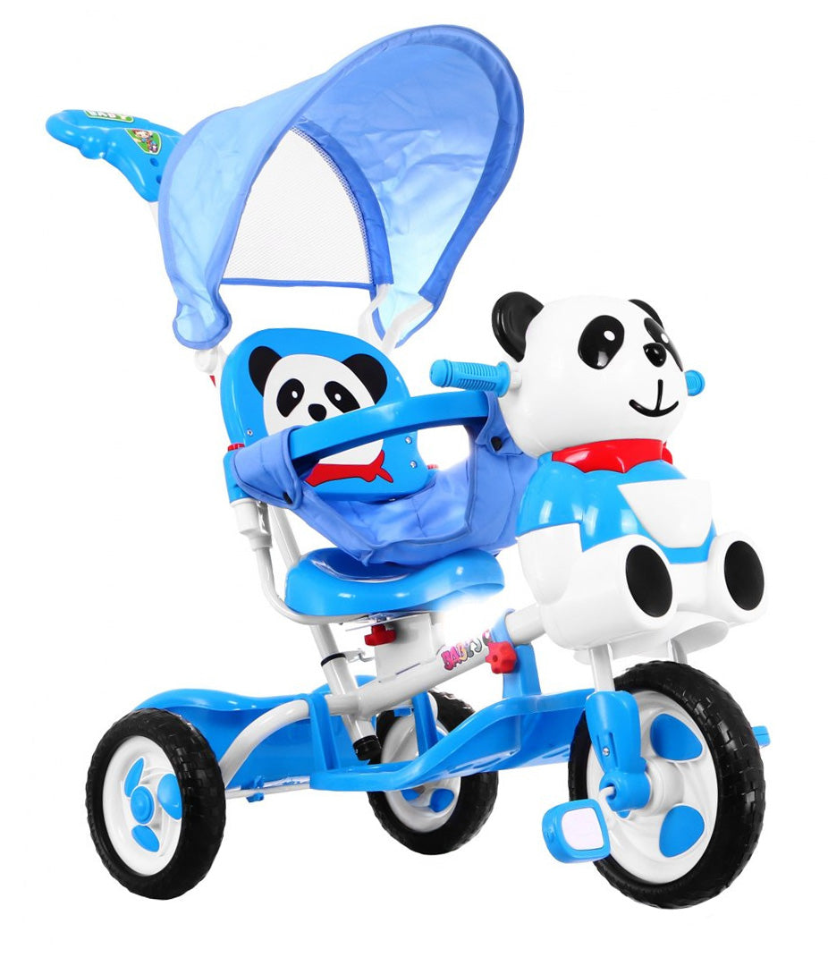 3-wheeled Panda Blue Children's Bike + Sounds + Roof + Barrier + Footrest + Handle + Storage