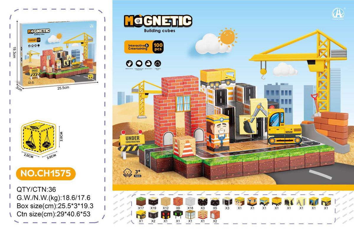 Magnetické stavebné kocky Stavenisko – 100 dielov – fotografia 1