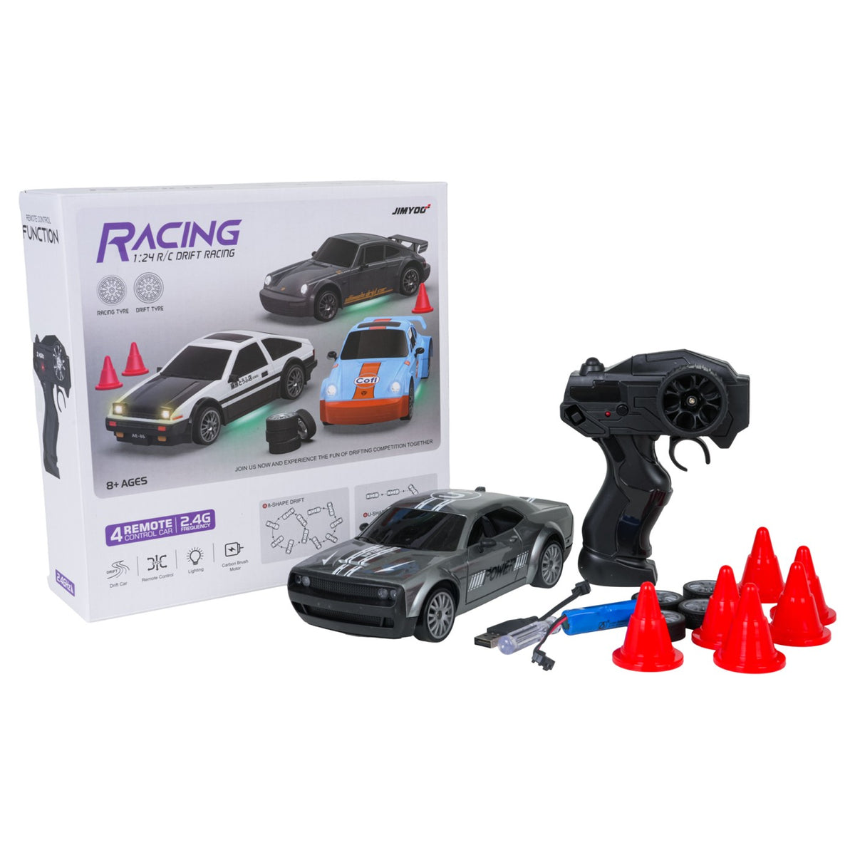 RC drift auto 1:24 s vymeniteľnými pneumatikami a kužeľmi
