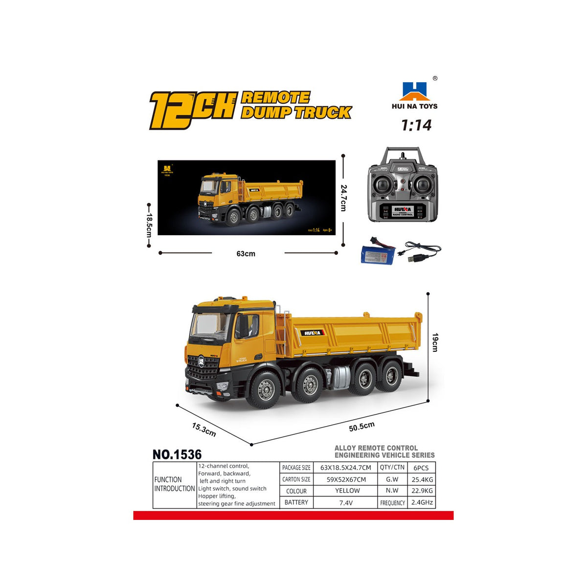 RC sklápač HUINA 1536 1:14 – žltý